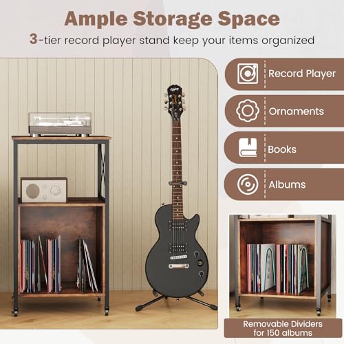 LOKO 3-Tier Rolling Record Player Stand, Mobile Turntable Stand with Power Outlet, Open Shelf & Dividers, Metal Frame, Industrial Vinyl Record Storage Table on Wheels for Living Room, Bedroom LOKO