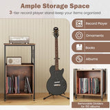 LOKO 3-Tier Rolling Record Player Stand, Mobile Turntable Stand with Power Outlet, Open Shelf & Dividers, Metal Frame, Industrial Vinyl Record Storage Table on Wheels for Living Room, Bedroom LOKO