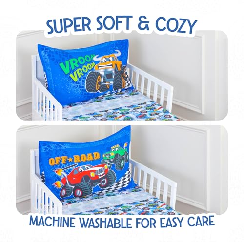 Todays Kids Monster Trucks Toddler Bedding Set for Boys - 4-Piece Toddler Bed Comforter Sets for Boys, Reversible Comforter & Pillowcase, Flat Sheet, Fitted Sheet, Breathable & Super Soft Microfiber Todays Kids