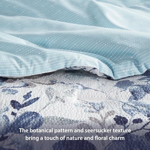 Regency Heights Lightweight Seersucker Botanical Queen Size Comforter Set, 3 Pieces Reversible Design Bed Comforter, Premium Microfiber Bedding Set, Comforter and Shams Set, Blue Regency Heights
