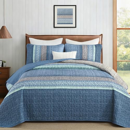 Menghomeus Blue Quilt Set King Size, 3 Pieces Striped Patchwork Quilted Bedding Sets, Soft Lightweight King Bedspreads Coverlets Bedding Set for All Seasons 104"x90" Menghomeus