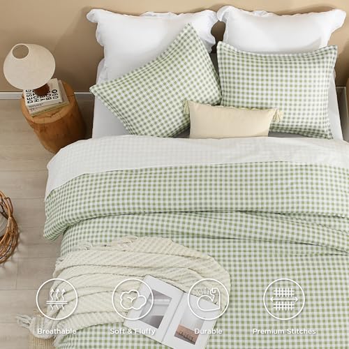 Andency Sage Gingham Comforter Set Full(79x90Inch), Green Checkered Grid Plaid Buffalo Bed Set for Girls Boys Kids Teens, 3 Pieces Lightweight Microfiber Geometric Preppy Bedding Andency