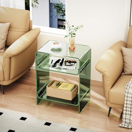 Acrylic Record Player Table with Storage Shelf, Clear Side Table Nightstand (Green, Large) Acrylicolor