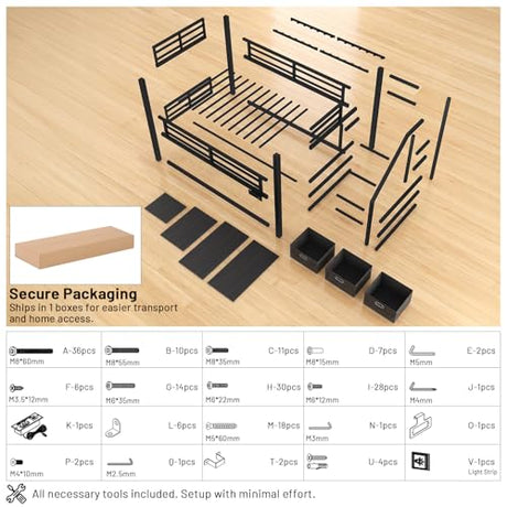 Twin Over Twin Metal Bunk Bed with Storage Stairs, Drawers & Shelves, Power Outlet and RGB LED Lights,Low Profile Kids Bunk Bed Frame with Safety Guardrails & Metal Slats,No Box Spring Needed (Black) HKOLIE