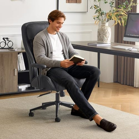 VINGLI Executive Ergonomic Office Chair with 100-130° Reclining, High-Back Desk Chair with Adjustable Base & Headrest Support & Wheels, Comfy Gaming Chair for Computer, Home Office, Pu-Leather, Black VINGLI