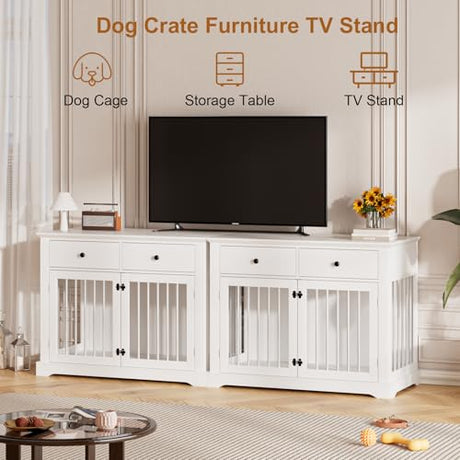 PUKAMI 44inch Large Dog Crate Furniture with Drawers, Wooden Dog Kennel Furniture for Indoor use, White End Table Dog House, for Small/Medium/Large Dog PUKAMI