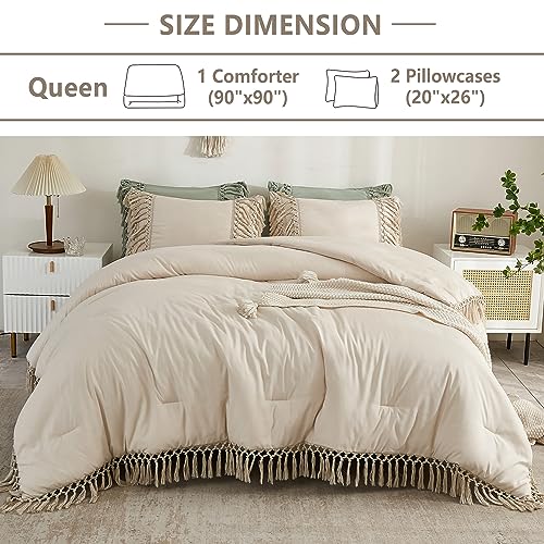 Andency Comforter Queen Size Set Beige, 3 Pieces Tassel Boho Lightweight Winter Bedding Comforters & Sets, All Season Bed Set (90x90In Comforter & 2 Pillowcases) Andency