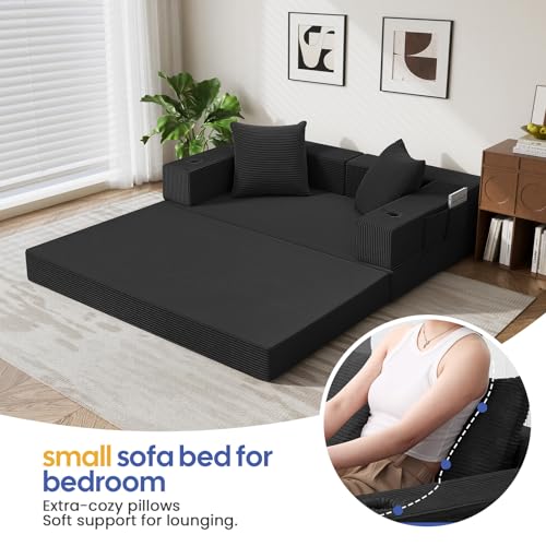COMAX Futon Sofa Bed, 4‑in‑1 Convertible Sofa Bed, Folding Boneless Couches for Living Room, Fold Out Small Foldable Loveseat Floor Sleeper Comfy Mattress Lounge Space‑Saving, Black COMAX