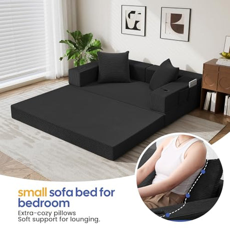 COMAX Futon Sofa Bed, 4‑in‑1 Convertible Sofa Bed, Folding Boneless Couches for Living Room, Fold Out Small Foldable Loveseat Floor Sleeper Comfy Mattress Lounge Space‑Saving, Black COMAX