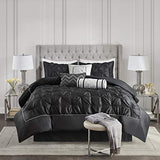 Madison Park Laurel Queen Size Bed Comforter Set Bed In A Bag - Black , Wrinkle Tufted Pleated – 7 Pieces Bedding Sets – Faux Silk Bedroom Comforters Madison Park