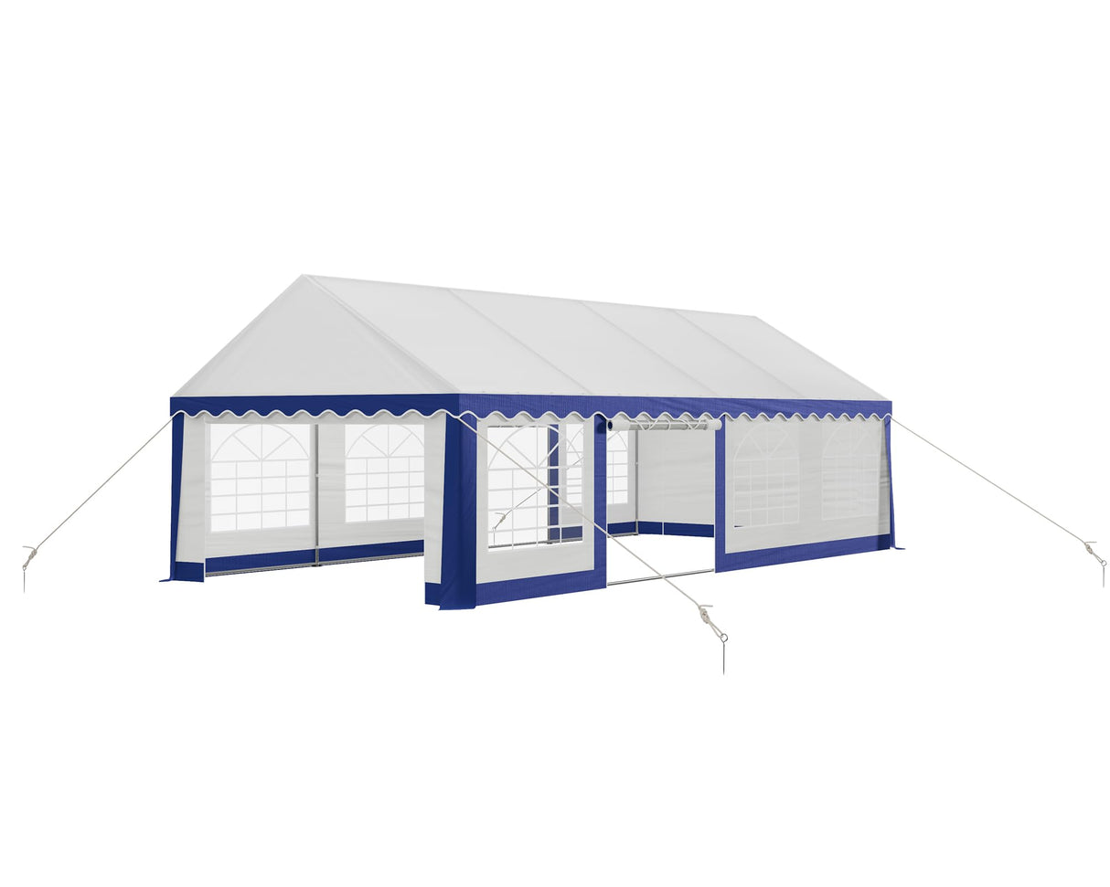 LUXOAK 13x26FT Large Outdoor Event Shelter, Wedding Party Tent with Sidewall Windows & 2 Side Doors, Heavy Duty Canopy Gazebo Tent for Garden Patio Carport/White with Blue Stripes LUXOAK