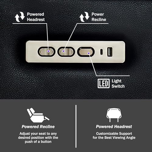 GUEAPY Power Reclining Sofa Home Theater Seating with Adjustable Headrest, Breathable Leather Electric Recliner with LED Lighting, Cup Holders, USB Charging & Tray Table