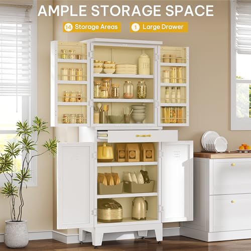 DWVO Metal Storage Cabinet, 71" Kitchen Pantry Cabinet with 4 Door & 4 Adjustable Shelves & Drawer & Door Rack, 6-Tier Tall White Steel Cabinets for Kitchen, Living Room, Dining Room DWVO
