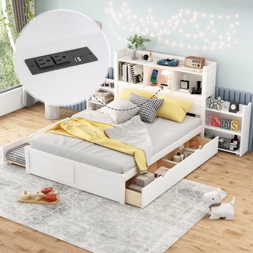 Harper & Bright Designs Full Platform Bed Frame with Twin Size Trundle and 2 Drawers, Full Size Storage Platform Bed with Pull Out Shelves, White Harper & Bright Designs