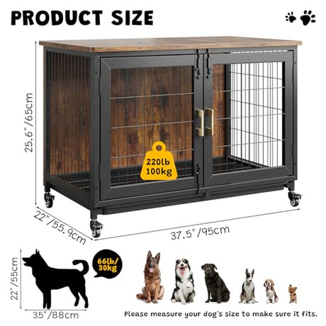 37.5 Inch Wooden Dog Crate with Wheels - Furniture Style Pet Kennel for Small to Medium Dogs Up to 66 Lbs - Multi-Purpose Removable Tray, Decorative Indoor Dog House, Sturdy & Stylish Design Hipicute