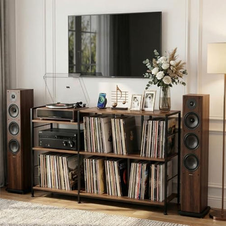 Faesun Record Player Stand with Vinyl Record Storage, Turntable Stand with Power Outlet, Large Record Storage Shelf Holds 500 Albums, Industrial Audio Rack for Living Room Bedroom, Walnut Faesun