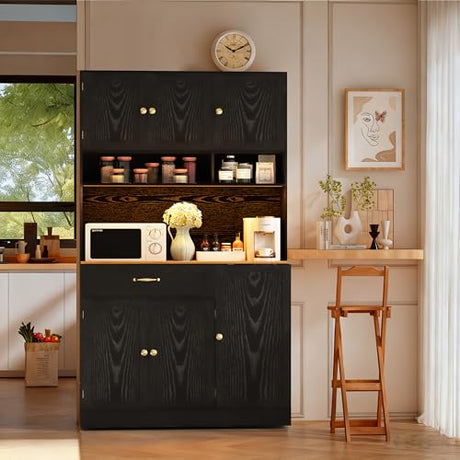 FJTJBSI 72" Kitchen Pantry Cabinet with LED Light and Charging Station Tall Pantry Storage Cabinet with Adjustable Shelves and Door Shelves Modern Kitchen Hutch with Countertop Black FJTJBSI