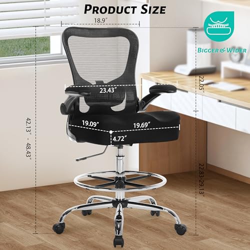 500LBS Ergonomic Drafting Chair Tall Office Chair for Counter Height or Standing Desk, Executive High Office Chairs with W-Shaped Thick Seat Cushion, Footrest Ring & Breathable Fabric, Black Sofetura