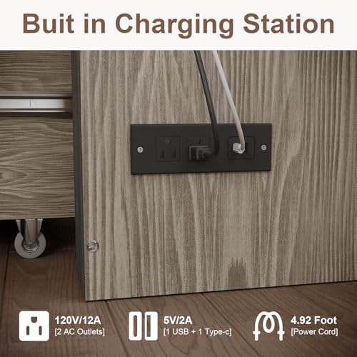 KCGKCG Full Size Murphy Bed with Storage & Charging Station, Murphy Cabinet Bed with Large Drawer for Guest Bedroom, Living Room, Office or Small Room, Full Foldable Platform Bed (Grey, Full) KCGKCG