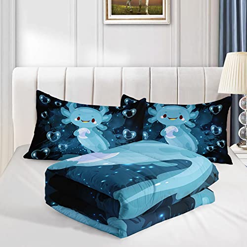 HOSIMA Axolotl Comforter Set Blue Axolotl Pattern Kawaii Bed Set for Kids Bedroom Decor,Twin Bed Set for Girls with 2 Pillowcases. HOSIMA
