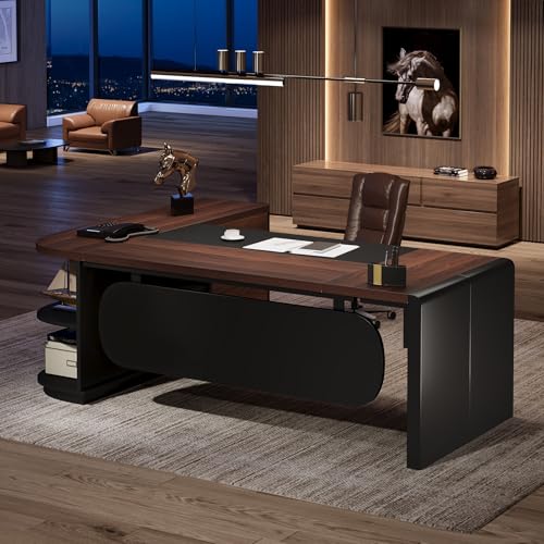 Tribesigns 80'' L-Shaped Desk, Large Executive Office Desk with 55'' Drawers Cabinet, Modern Computer Table with Storage Shelves, Business Furniture for Home Office, Walnut & Black Tribesigns