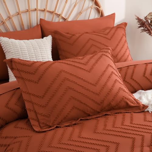 Sheet&Joy Twin Comforter Set with Sheets Burnt Orange - 5 Pieces Boho Tufted Shabby Chic Bed in a Bag, Fluffy Soft Farmhouse Bed Set for All Seasons Sheet&Joy