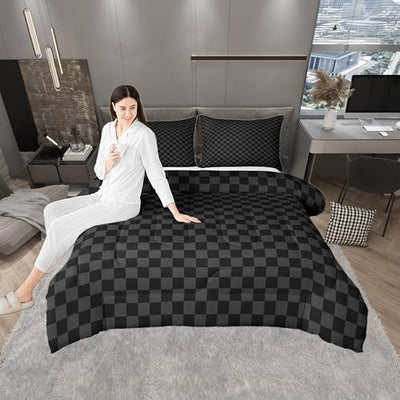 Manfei Black and Gray Checkered Kids Comforter Set,Geometric Plaids Grids Simple Bedding Set All Season,Abstract Checkerboard Buffalo Squares Comforter 2 Pcs with 1 Pillowcase,Twin Size