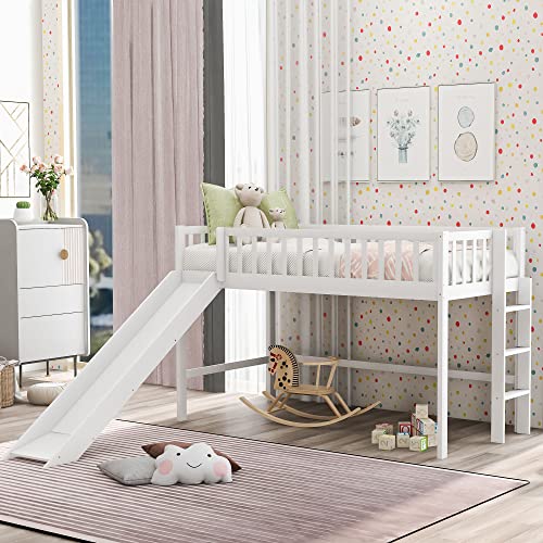 Twin Size Low Loft Bed with Removable Slide and Safety Rails by RORIGAT – Solid Pine Wood Frame, Space-Saving Design in White - WoodArtSupply