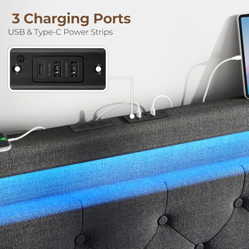Rolanstar Twin Bed Frame with Charging Station, LED Bed with Under Bed Storage, Adjustable Headboard 38.9/40.8 Inches, No Box Spring Needed, Noise Free, Easy Assembly, Grey Rolanstar