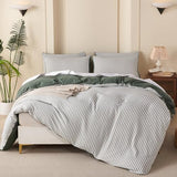 TISPLR King Duvet Cover Set Striped Washed Microfiber Jacquard 3 Pieces Bedding Set, Green White Vertical Ticking Stripes Pattern Comforter Cover with Zipper Closure Breathable Durable Soft Comfy TISPLR