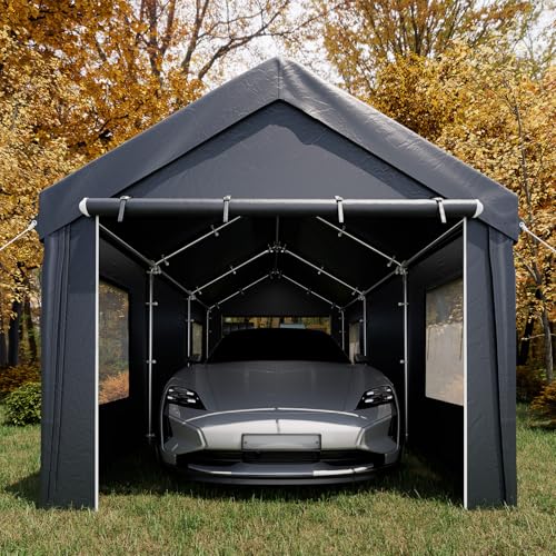 EROMMY Carport, 10' x 20' Heavy Duty Carport with Roll-up Windows，Portable Garage with Removable Sidewalls, Car Canopy with All-Season Tarp and Sandbags for Truck, Tractor, Boat, Gray EROMMY