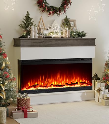 Maxhonor 3-Sided View Electric Fireplace Insert - Minimalist Mantel - 12 Color Flame Effect - 1500/750 Watt Heater - Remote Control - Log & Crystals(60",White) Maxhonor
