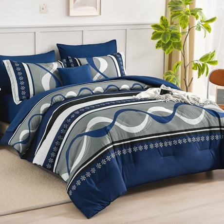 Anibedding Navy Blue Comforter Set Queen Size,8 Pieces Boho Bed in a Bag Patchwork Striped Comforter Set, Soft Microfiber Bedding Set for All Season(90"×90") Anibedding
