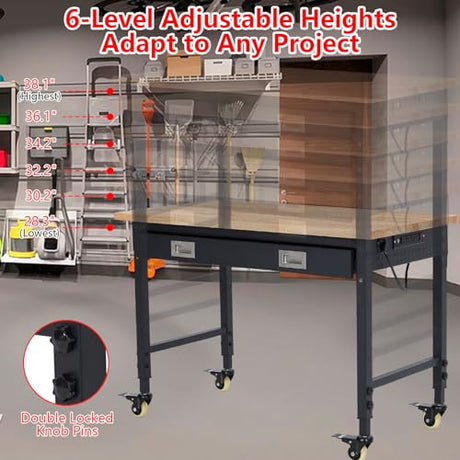 ACONEE 48" Adjustable Workbench, Heavy Duty Workstation 2000 LB Load Capacity, Rubber Wood Top Workstation with Drawer & 4 Rolling Casters, Power Outlets, Metal Frame, Workbench for Workshop Garage ACONEE