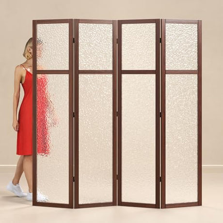 Acrylic Room Divider, 4-Panel Freestanding Partition Screen, Frosted Translucent Privacy Panel - Lightweight Modern Divider for Home Office Studio (Walnut, 4 Panels) Svimi