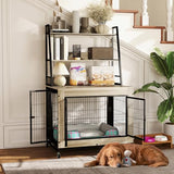 Giantex Dog Crate Furniture with Storage Shelves, 38" Furniture Style Indoor Dog Kennel on Wheels, 3 Doors, Flip Top Lid, Removable Pull-Out Tray, Dog Cage Pet House for Large Dogs, Oak Gray Giantex