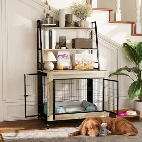 Giantex Dog Crate Furniture with Storage Shelves, 38" Furniture Style Indoor Dog Kennel on Wheels, 3 Doors, Flip Top Lid, Removable Pull-Out Tray, Dog Cage Pet House for Large Dogs, Oak Gray Giantex
