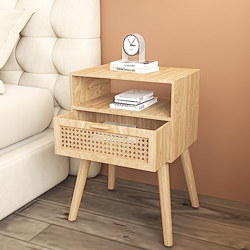 Mid-Century Modern Rattan Nightstand (2 Set), Boho Wood Accent Table with Storage Drawer - Bedside Table for Bedroom or End Table for Living Room, Natural Wood Accent Decor - Light Brown Lifetime Home