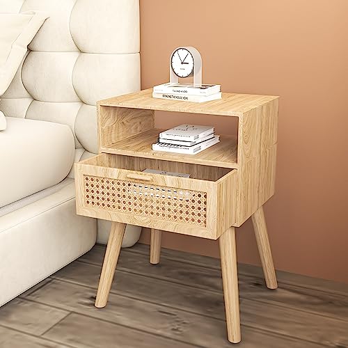 Mid-Century Modern Rattan Nightstand (2 Set), Boho Wood Accent Table with Storage Drawer - Bedside Table for Bedroom or End Table for Living Room, Natural Wood Accent Decor - Light Brown