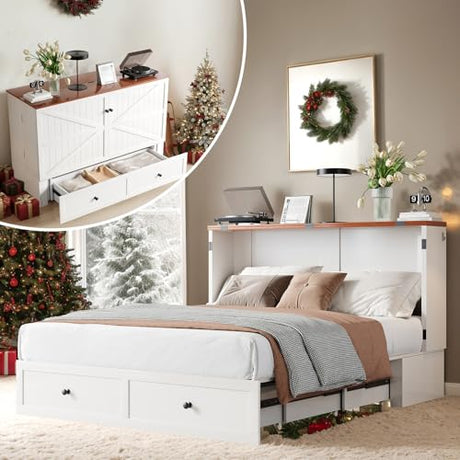 CECER Full Size Murphy Bed with Tri-Folding Mattress，Murphy Bed Full with Large Storage Drawer and Charging Station for Small Spaces/Bedroom（White） CECER