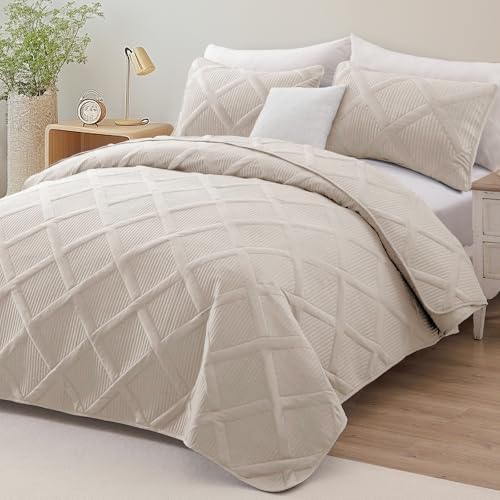 Exclusivo Mezcla King Quilt Set- Brich Beige Quilts Bedding Set with 2 Pillow Shams, Modern King Bedspread with Striped Pattern, Soft Lightweight Bedspreads Coverlets for All Seasons Exclusivo Mezcla