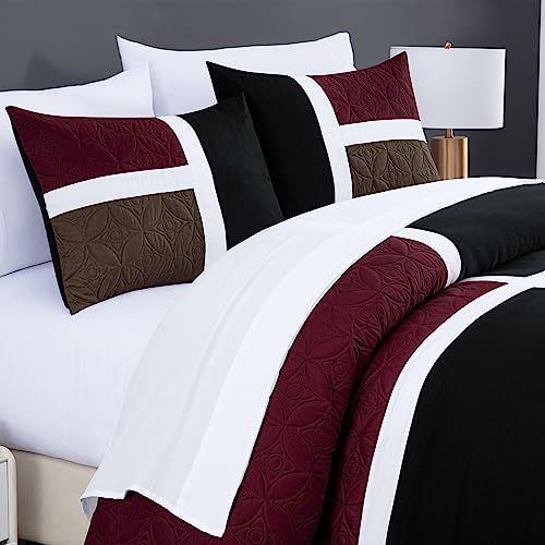 Chezmoi Collection Bernard 7-Piece California King Bed in a Bag Comforter Set with Sheets - Lightweight Comforter Burgundy Black Brown Patchwork Quilted Medallion Bedding Set for All Season Chezmoi Collection