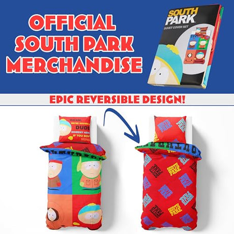 South Park Reversible Duvet Cover & Pillowcase Set for Teens, Men, Single or Double Bed Set, Bedding Decor, Gifts for Him (Multi Single) South Park