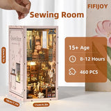 fifijoy Book Nook Kit, LED 3D Wooden Puzzle with Dust Cover, 460 Wooden Pieces, DIY Bookshelf Insert Decor Gifts for Book Lovers (Sewing Room)