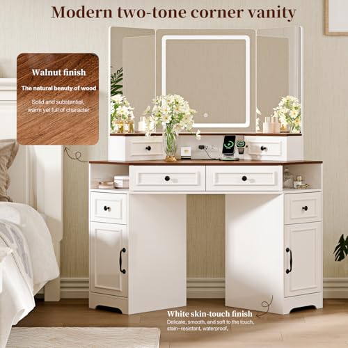 GRUTEUNIT Corner Vanity Desk with Mirror and Lights,Makeup Vanities with Power Outlet and 6 Drawers, 3 Light Settings, Dimmable for Women Girls, Bedroom, White GRUTEUNIT