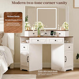 GRUTEUNIT Corner Vanity Desk with Mirror and Lights,Makeup Vanities with Power Outlet and 6 Drawers, 3 Light Settings, Dimmable for Women Girls, Bedroom, White GRUTEUNIT