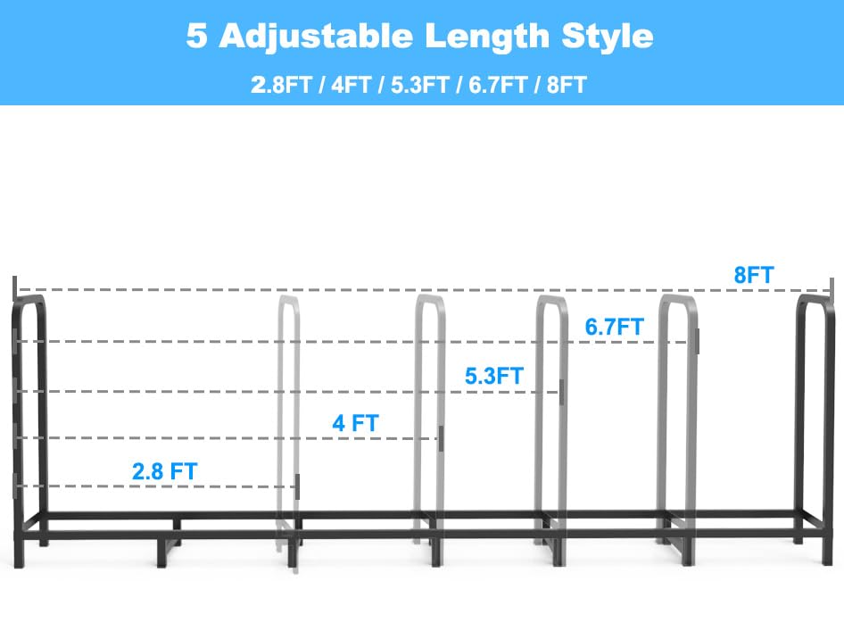 Tikimilor 8ft Firewood Rack Holder, Adjustable Heavy Duty Fire Log Stacker Stand for Fireplace，Outdoor Indoor Metal Wood Pile Storage Organizer, Patio Logs Stand tool, Black Tikimilor