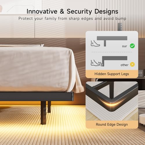 ONBRILL King Size Floating Bed Frame with USB Charging Station and Smart LED Lights, Heavy Duty Metal Platform Bed with Underbed Storage Space, Easy to Assemble, Noise-Free, No Box Spring Needed ONBRILL