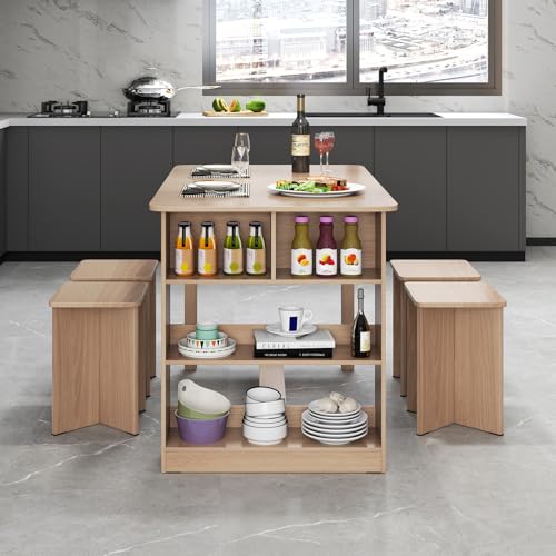 Giantex 5-Pieces Dining Table Set for 4, Kitchen Table Set with Side Storage Shelf, 4 Square Stools, Space-Saving Dining Furniture for Dinner, Dinette, Living Room, Apartment, Restaurant (Natural) Giantex