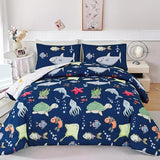 RYNGHIPY Kids Bedding Set for Queen Bed Reversible Ocean Animals Print Comforter Set for Boys Girls Easy-Wash Super Soft Microfiber Bed Set (Navy Ocean,Queen) RYNGHIPY
